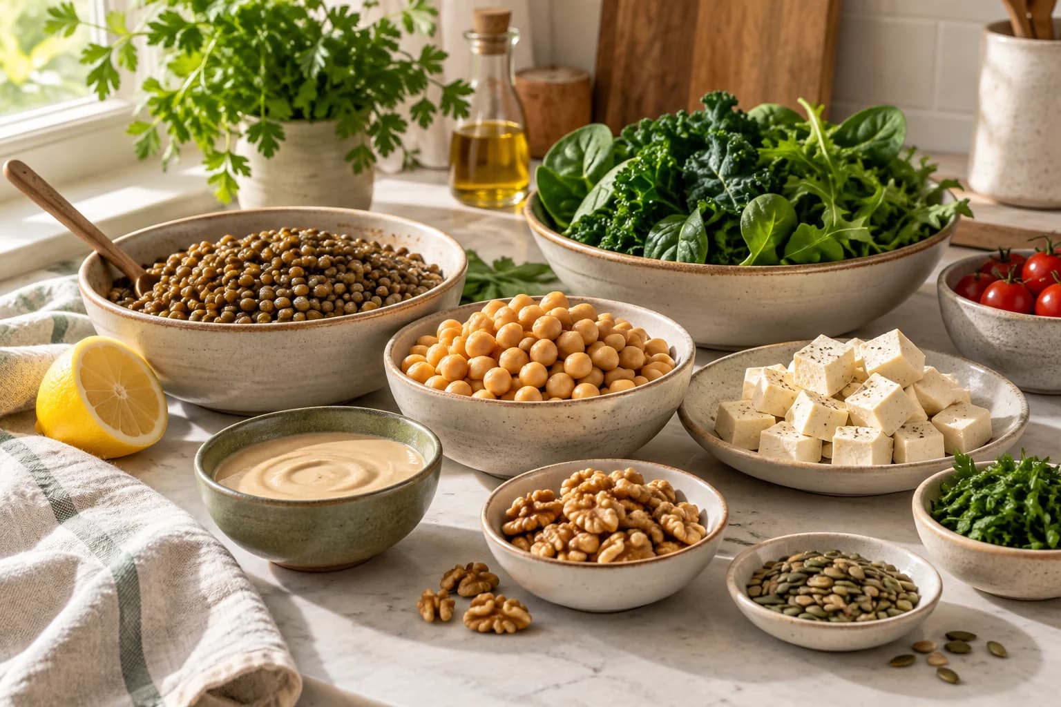 Mercimek, nohut, tahin, ceviz, tofu ve yeşil yapraklı sebzeler