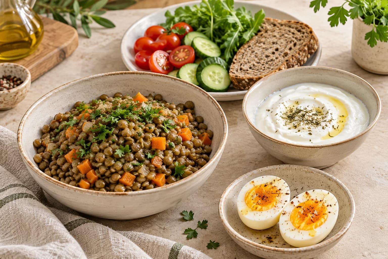 Yoğurt, yumurta, mercimek, tam tahıllı ekmek ve sebze çeşitleri