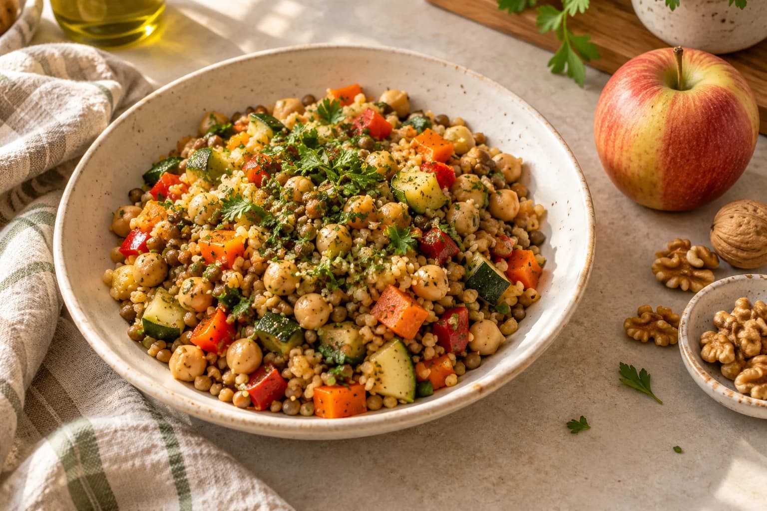 Nohut, mercimek, bulgur ve sebzeler içeren bitkisel öğün